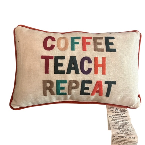 NWT Adorable Pillow Great Gift Teacher School “Coffee Teach Repeat” Christmas - Picture 1 of 4